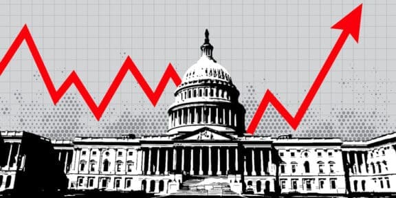Capital building with volatile graph line showing that stocks are volatile during election years.